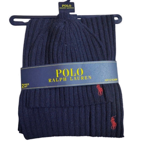 POLO RALPH LAUREN Navy Rib Knit Hat & Scarf Set with Red Embroidered Pony NWT